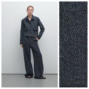 NWT Massimo Dutti Blue 100% Cotton Short Textured Denim Wide-Leg Trousers Size S